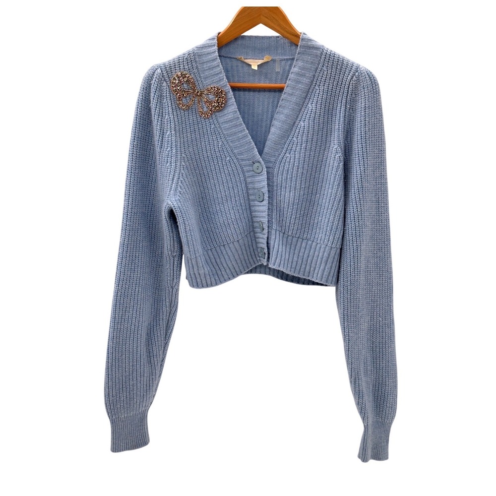 Love Shack Fancy Cardigan Sweater Rhinestone Crop Small Blue Cashmere Wool